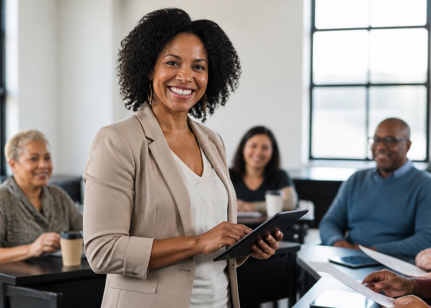 Formatrice souriante animant une session de formation professionnelle en petit groupe